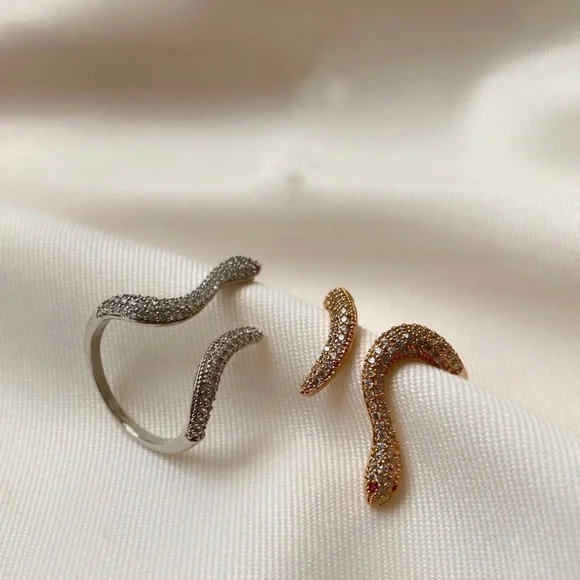 Silver Snake Ring Silver Color Zircon Adjustable Ring - Picture 7 of 9